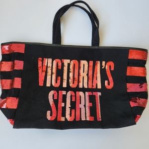 Victoria's Secret Logo Sequin Tote Bag Black Canvas Red Pink Large